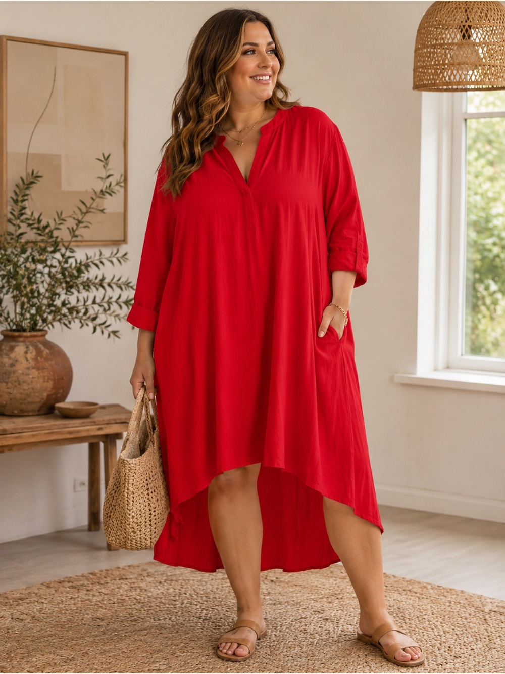 Soft Focus 28W Red High Low Tunic Dress Plus Size Rayon NWT